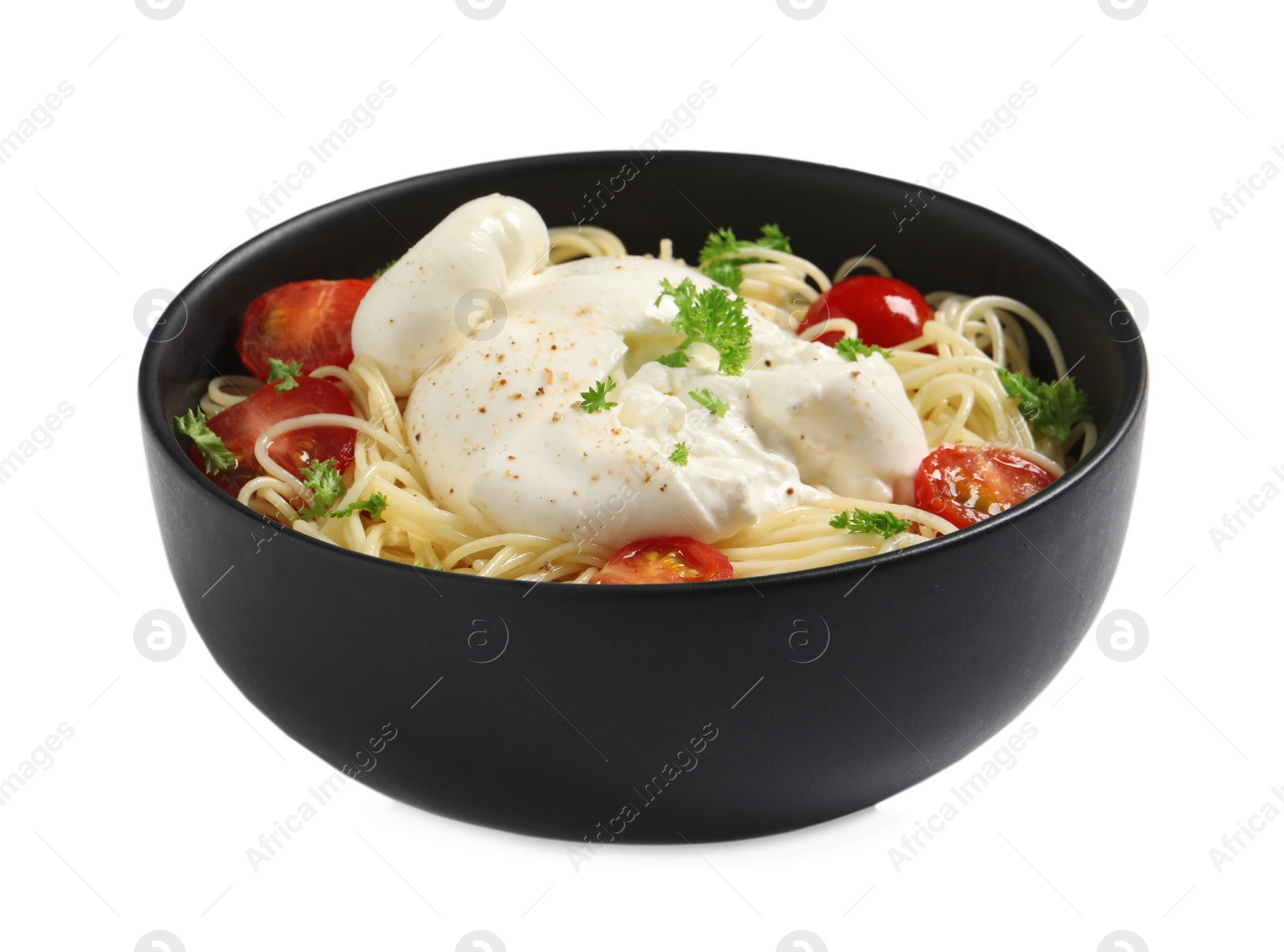 Photo of Delicious spaghetti with burrata cheese and tomatoes in bowl isolated on white