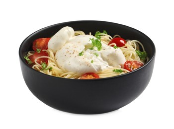 Photo of Delicious spaghetti with burrata cheese and tomatoes in bowl isolated on white