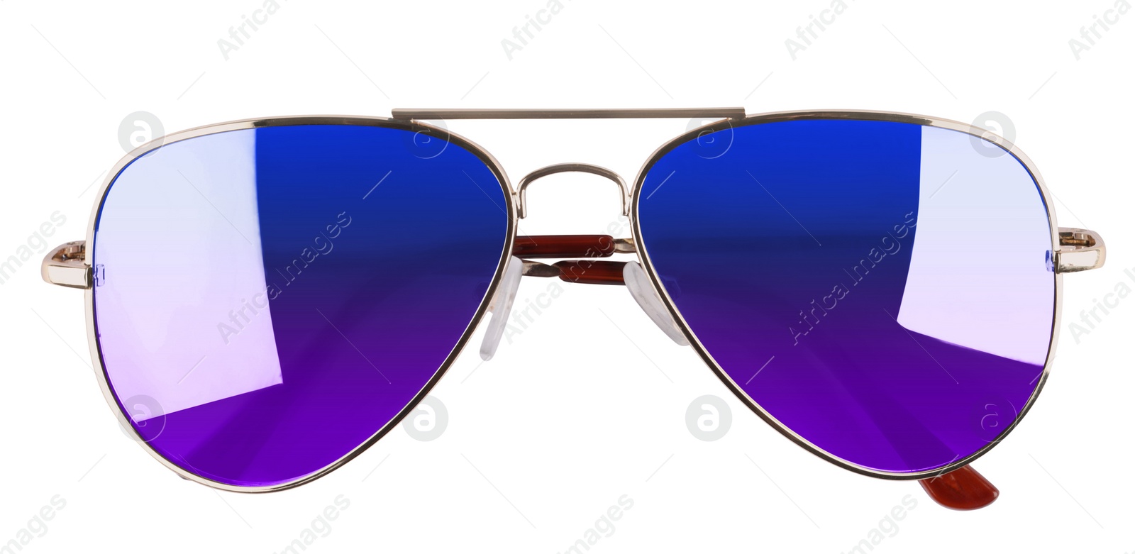 Image of New stylish aviator sunglasses with color lenses on white background, top view