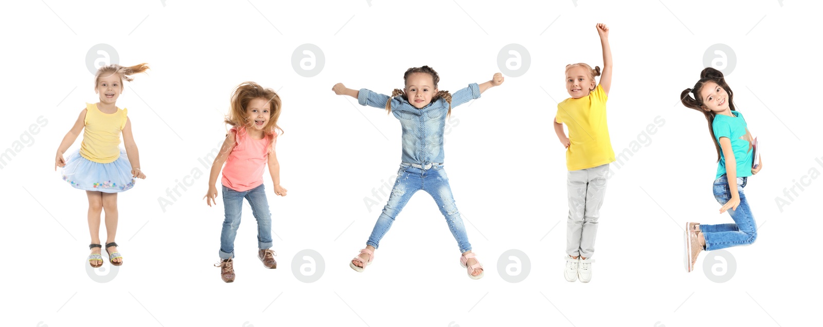 Image of Different kids jumping on white background, collage with photos