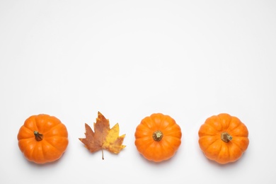 Photo of Composition with pumpkins and autumn leaf on white background, top view