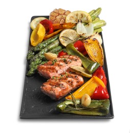 Photo of Tasty grilled salmon with lemon and vegetables on white background