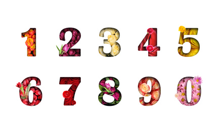 Image of Numbers made of flowers on white background