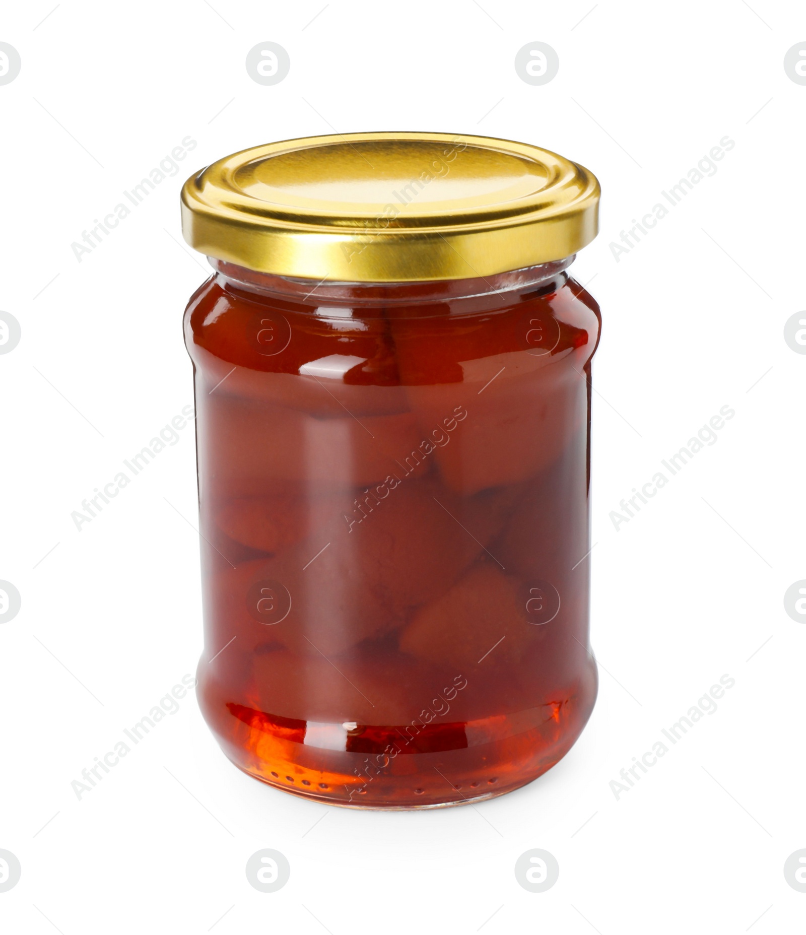 Photo of Tasty homemade quince jam in jar isolated on white