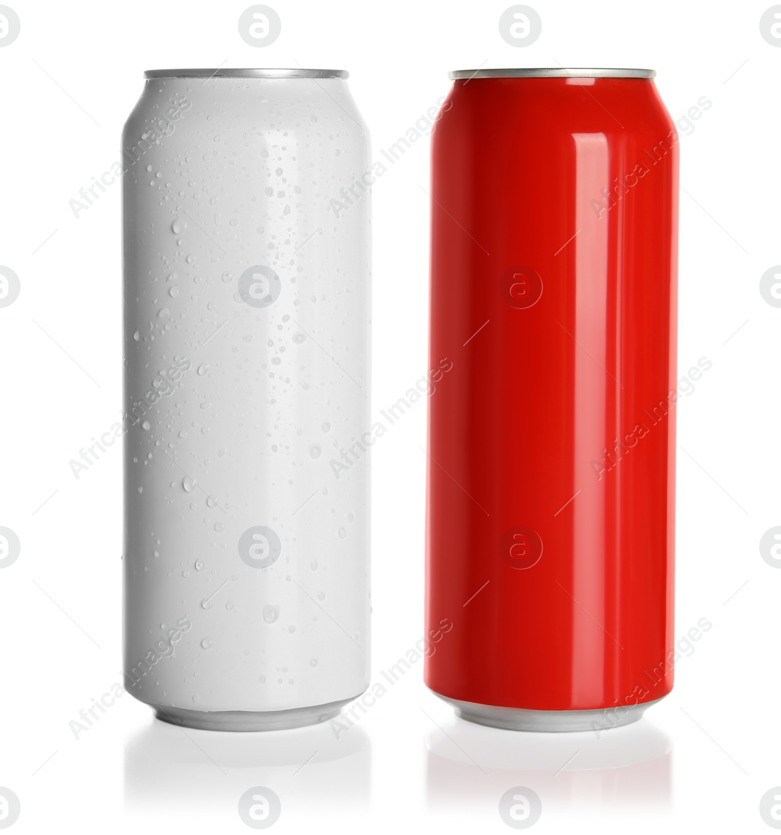 Photo of Aluminum cans with drinks on white background