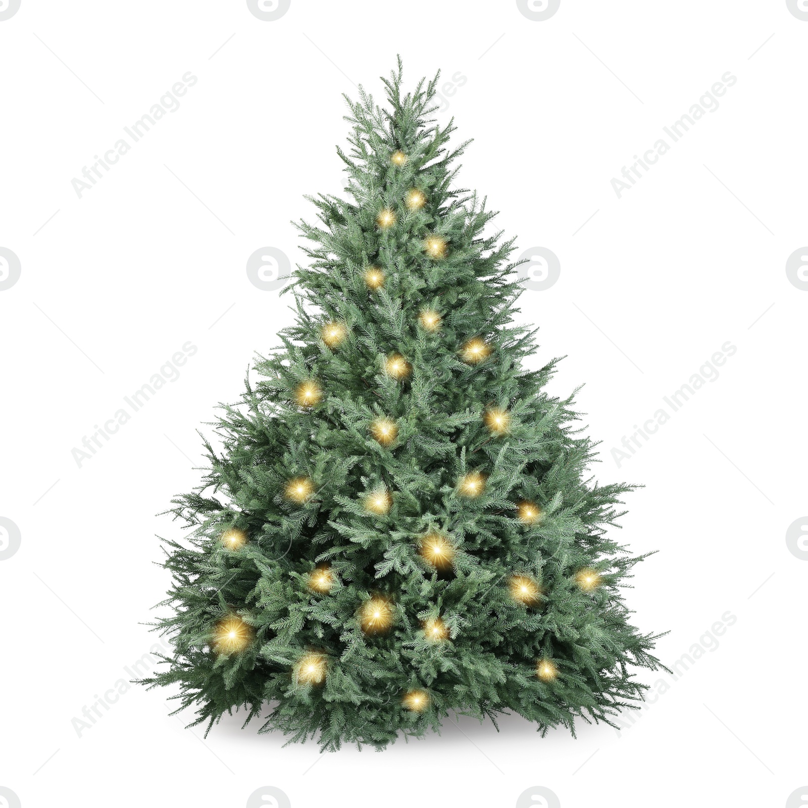 Image of Christmas tree decorated and festive lights isolated on white