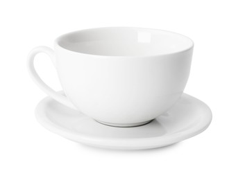 Photo of Ceramic cup and saucer isolated on white