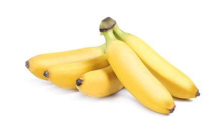 Tasty ripe baby bananas on white background
