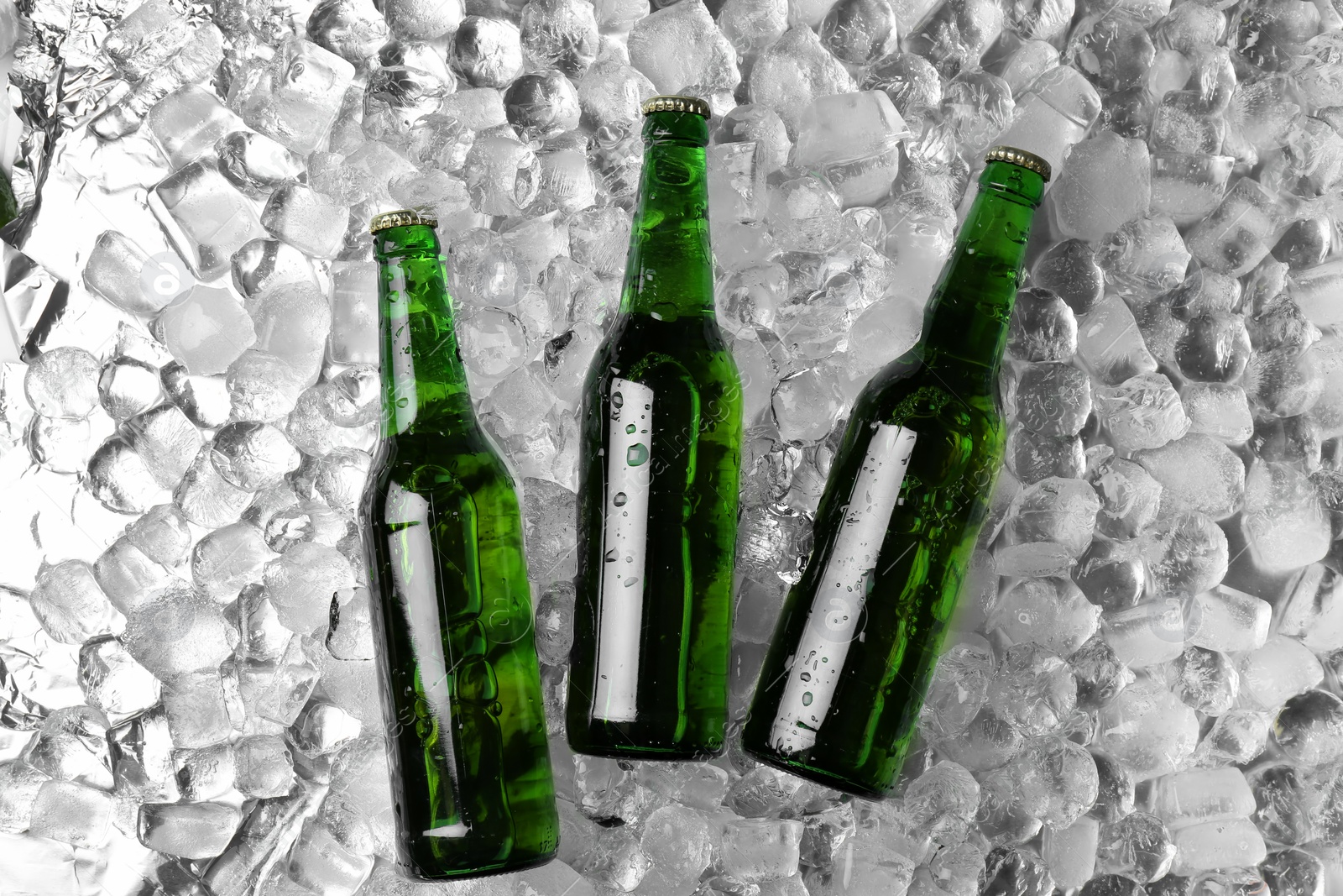 Photo of Bottles of beer on ice cubes, flat lay