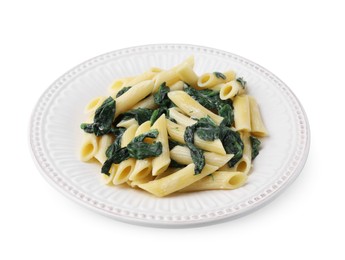 Photo of Tasty pasta with spinach and sauce isolated on white