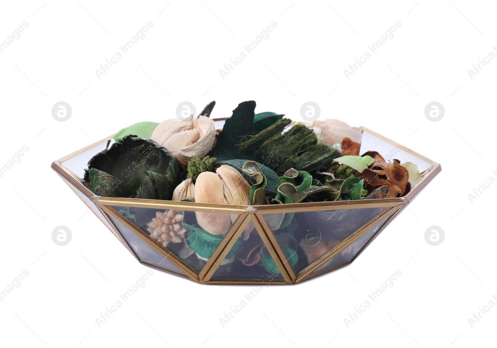 Photo of Polygonal bowl with scented potpourri isolated on white