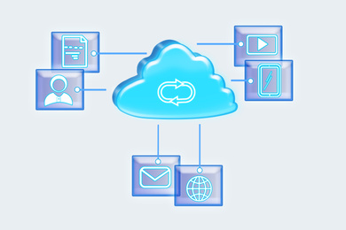 Illustration of digital cloud with different icons on white background. Modern technology concept 