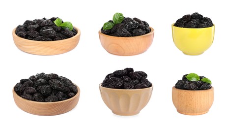 Image of Set with sweet dried prunes on white background 