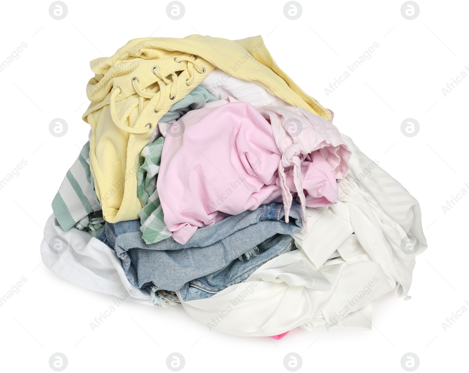 Photo of Pile of colorful clothes isolated on white