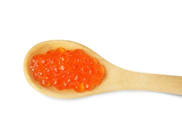 Photo of Wooden spoon with delicious red caviar isolated on white, top view