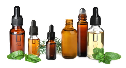 Image of Setdifferent essential oils used in aromatherapy on white background, banner design