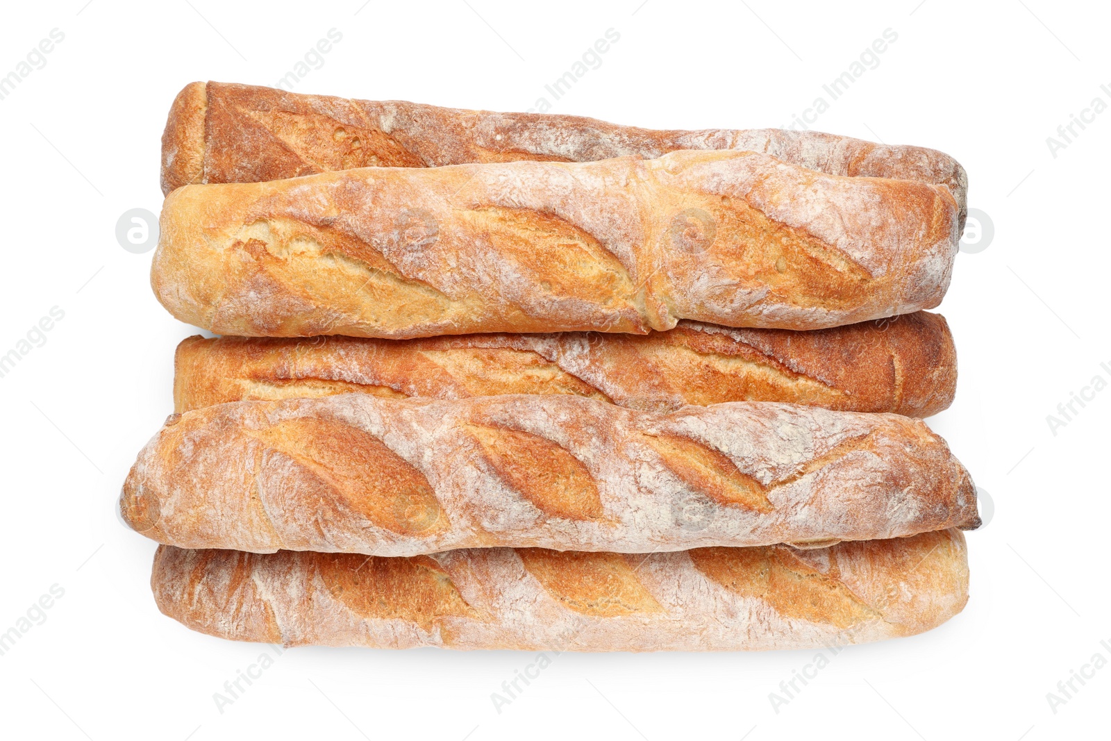 Photo of Crispy French baguettes on white background, top view. Fresh bread