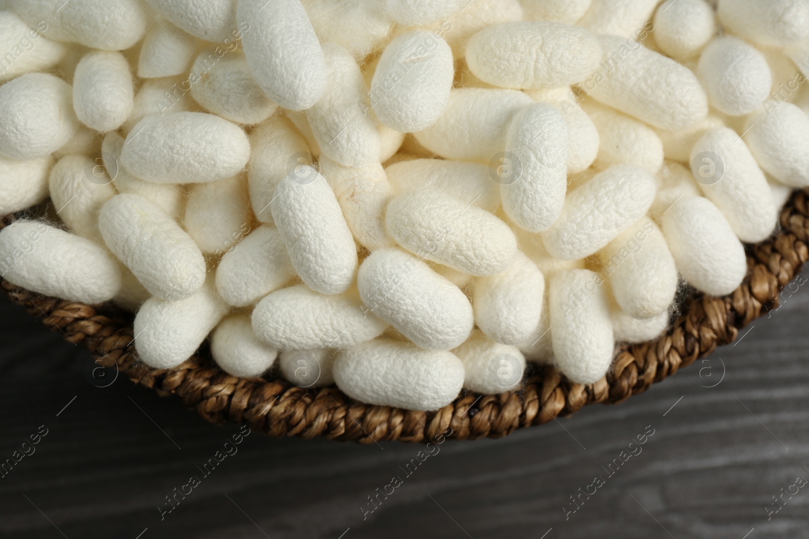 Photo of White silk cocoons in bowl on wooden table, closeup