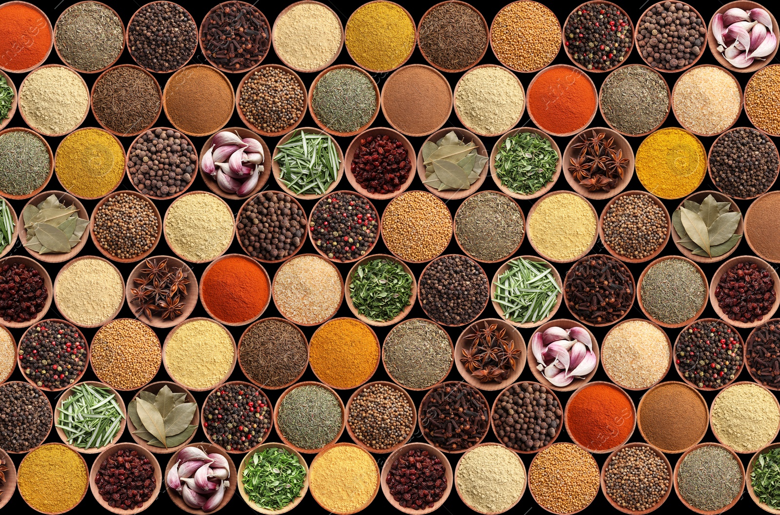 Image of Collection of different aromatic spices and herbs on black background, flat lay