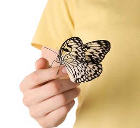 Woman holding beautiful rice paper butterfly on white background, closeup