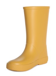 Photo of Modern yellow rubber boot isolated on white