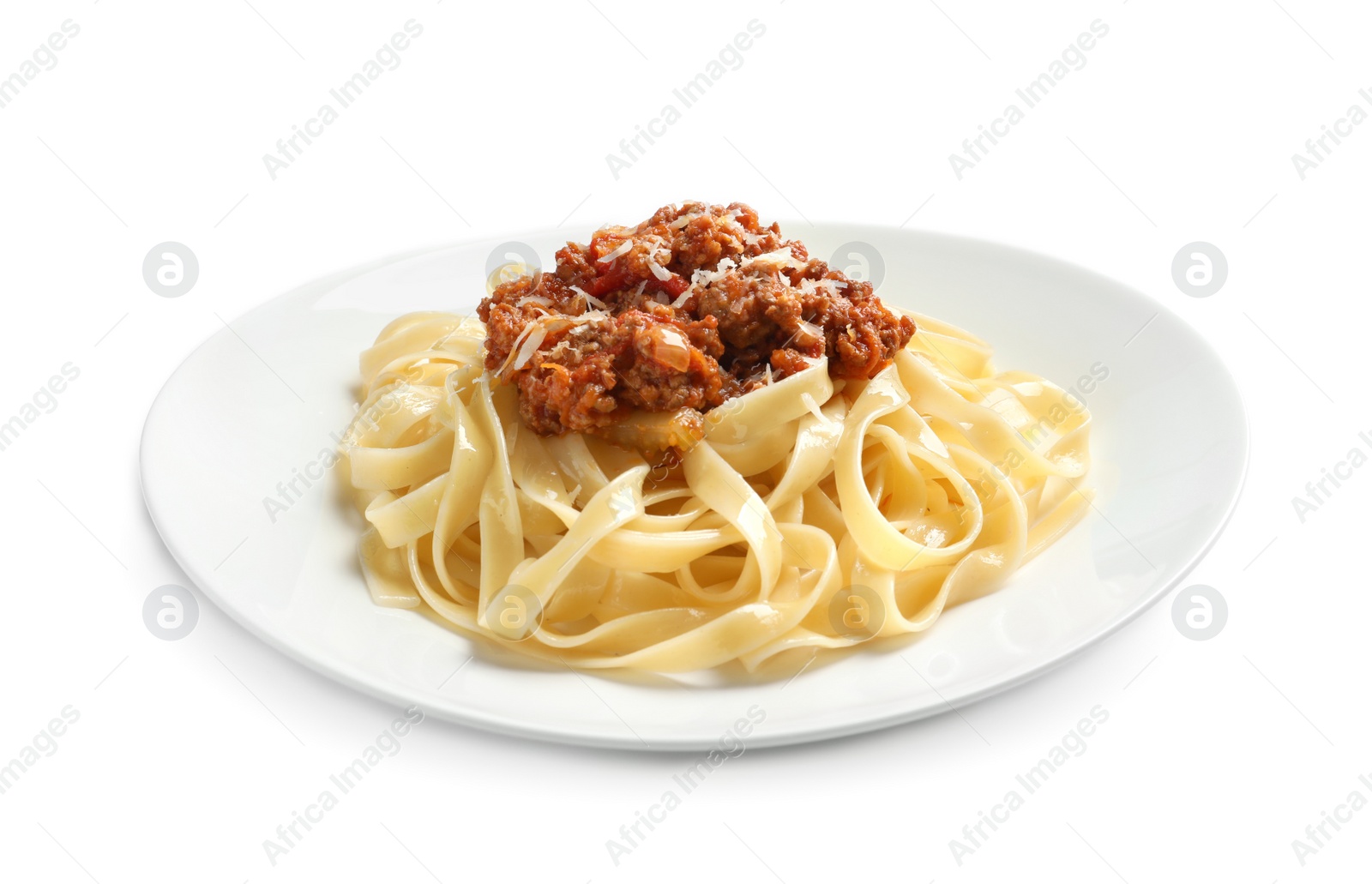 Photo of Plate with delicious pasta bolognese on white background