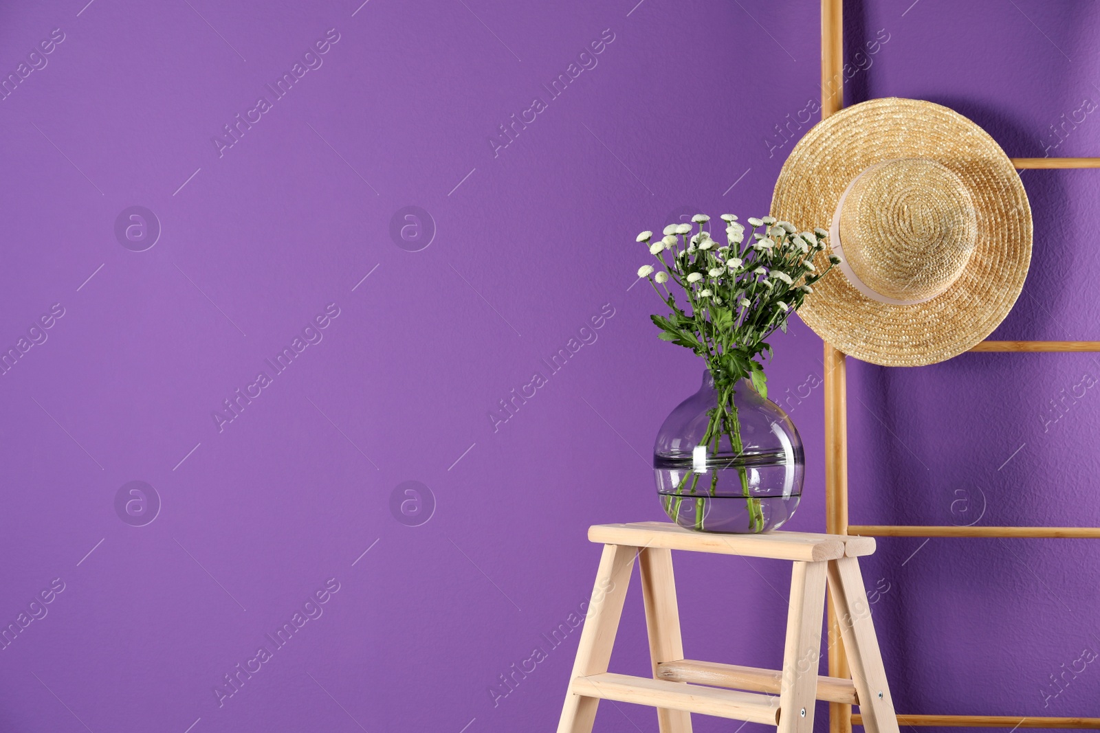 Photo of Stylish vase with chrysanthemum bouquet near purple wall. Space for text