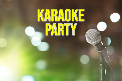 Modern microphone and text KARAOKE PARTY on blurred background