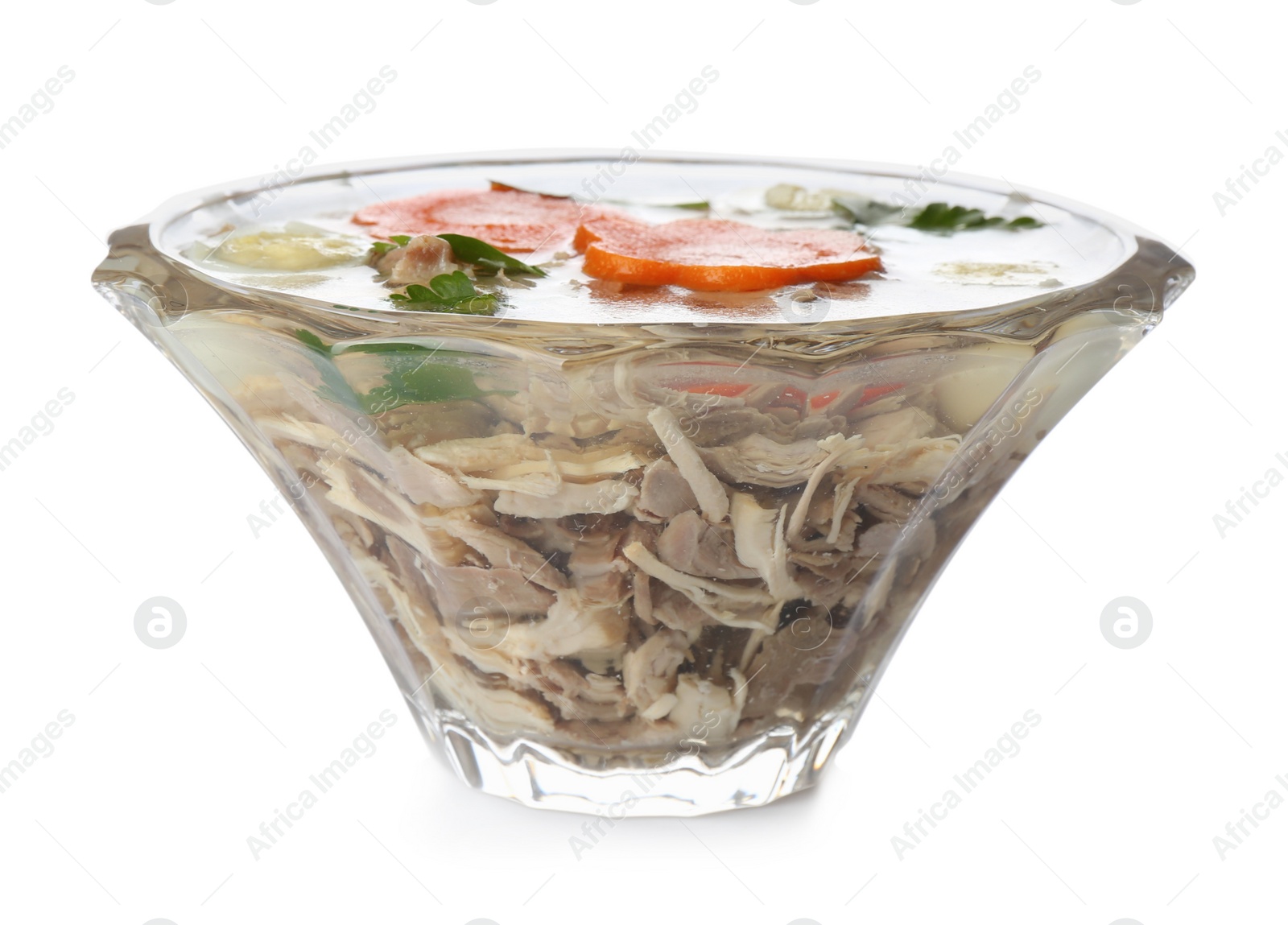 Photo of Delicious homemade aspic with meat in glass bowl isolated on white