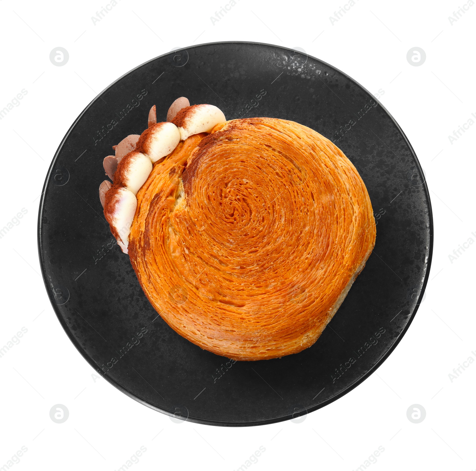 Photo of Round croissant with chocolate chips and cream isolated on white, top view. Tasty puff pastry