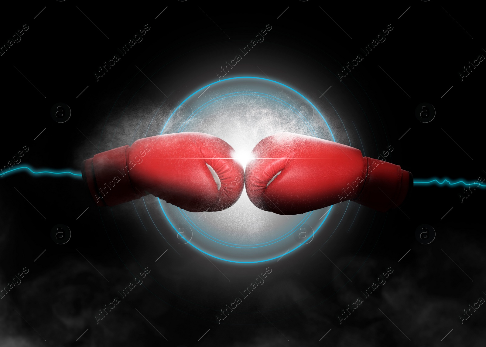 Image of Boxing gloves opposing each other against black background