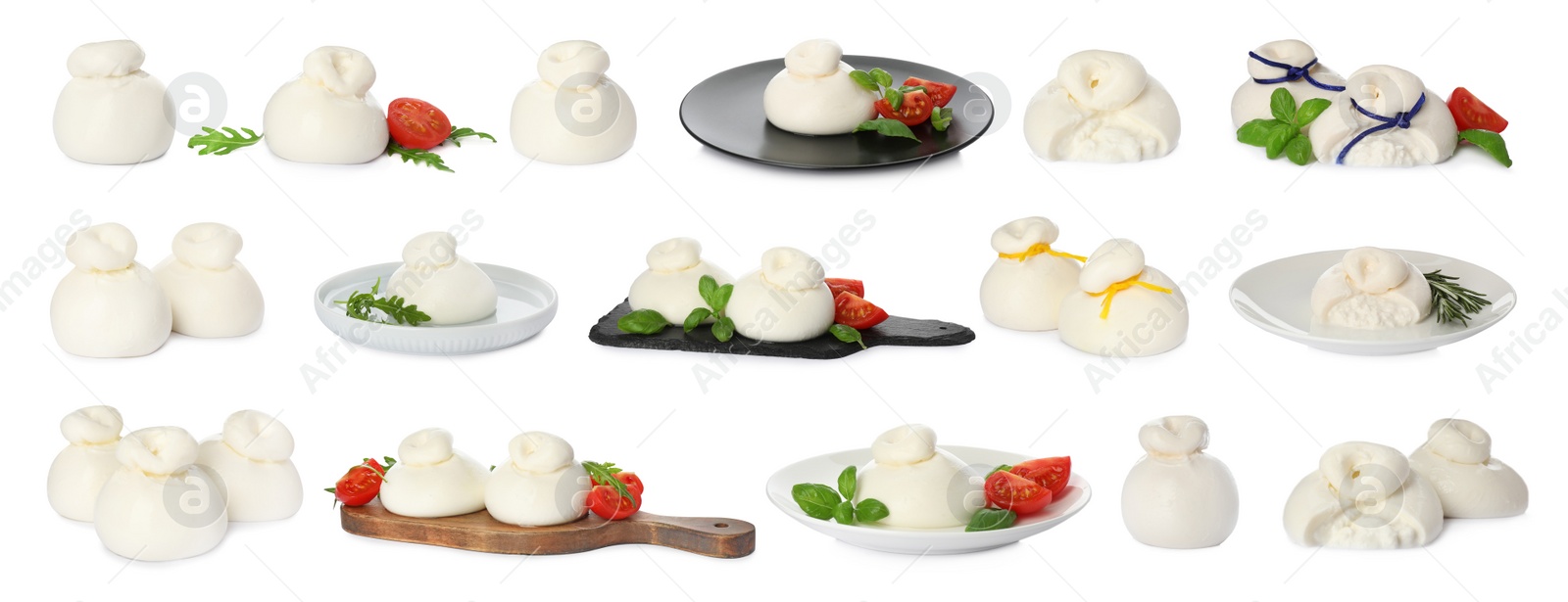 Image of Set with fresh delicious burrata cheese on white background. Banner design