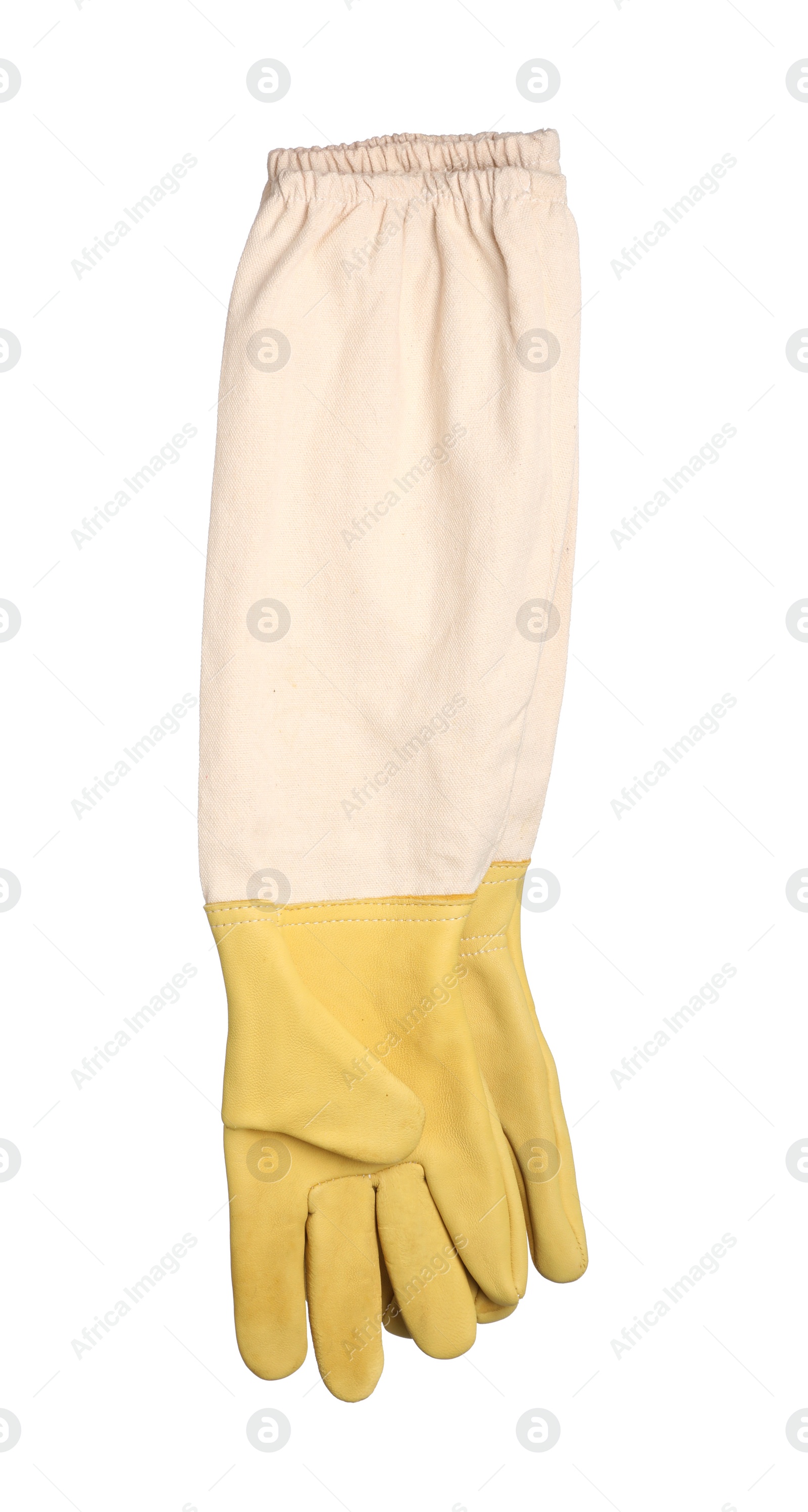 Photo of Modern protective gloves isolated on white. Safety equipment