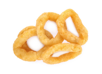 Photo of Delicious onion rings isolated on white, top view