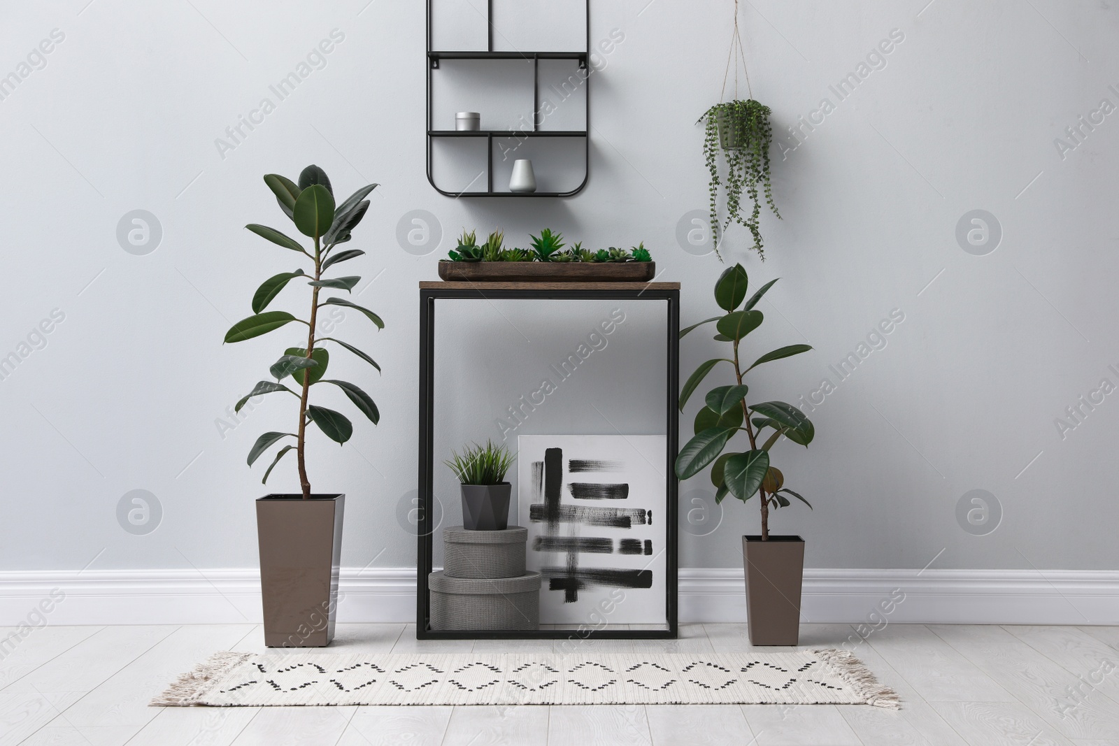 Photo of Console table with houseplants near light wall in room. Interior design
