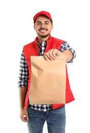 Photo of Young courier with paper bag on white background. Food delivery service