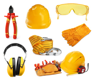 Set with different construction tools on white background