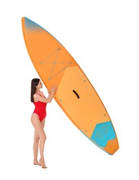 Happy woman with orange SUP board on white background