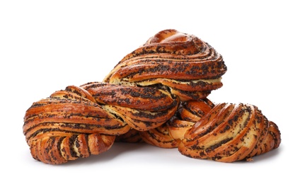 Tasty sweet buns with poppy seeds on white background