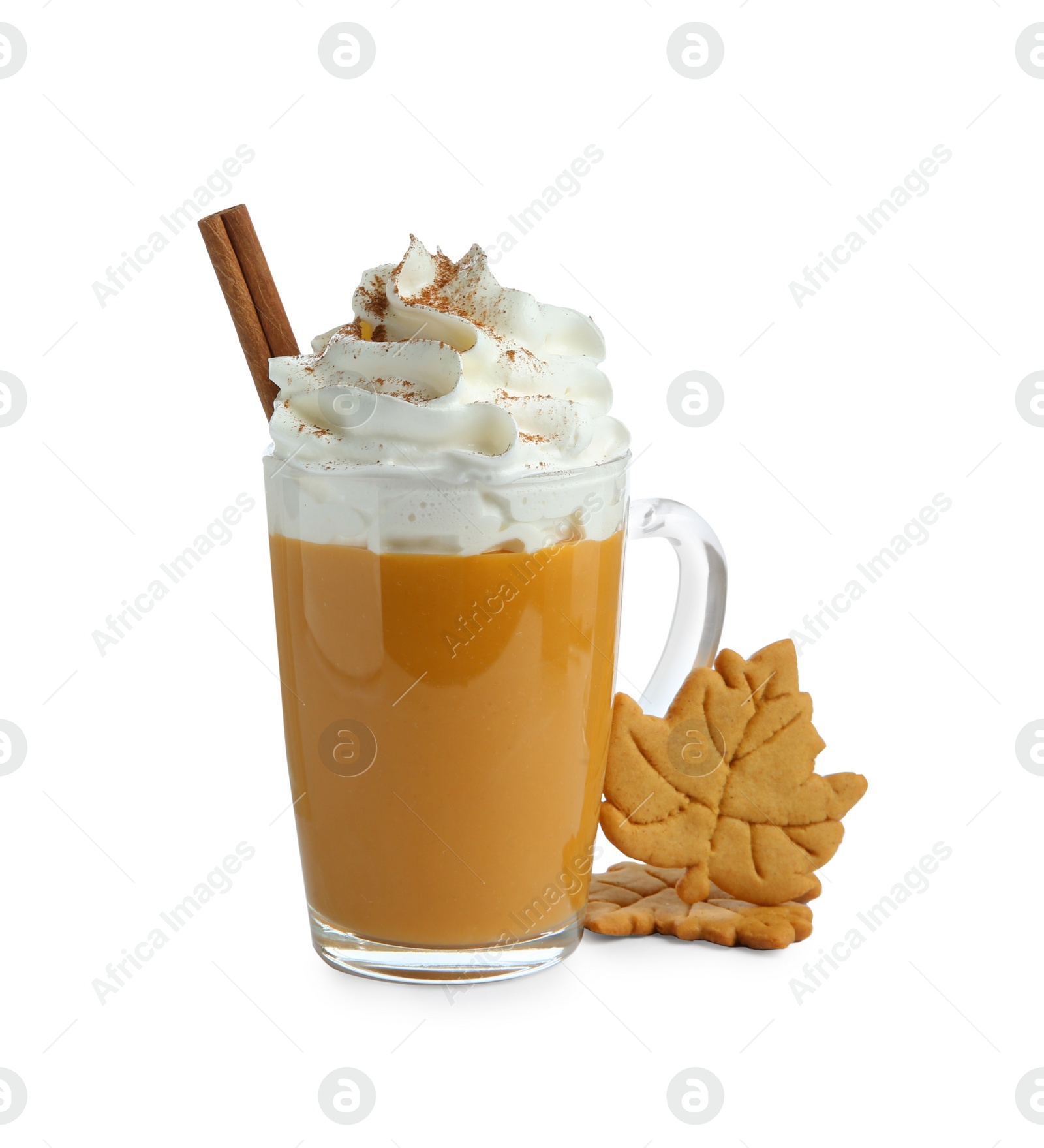 Photo of Cup of pumpkin spice latte with whipped cream, cookies and cinnamon stick isolated on white