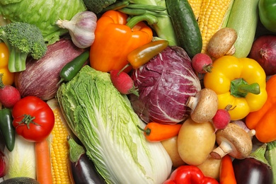 Photo of Many different ripe vegetables as background, top view