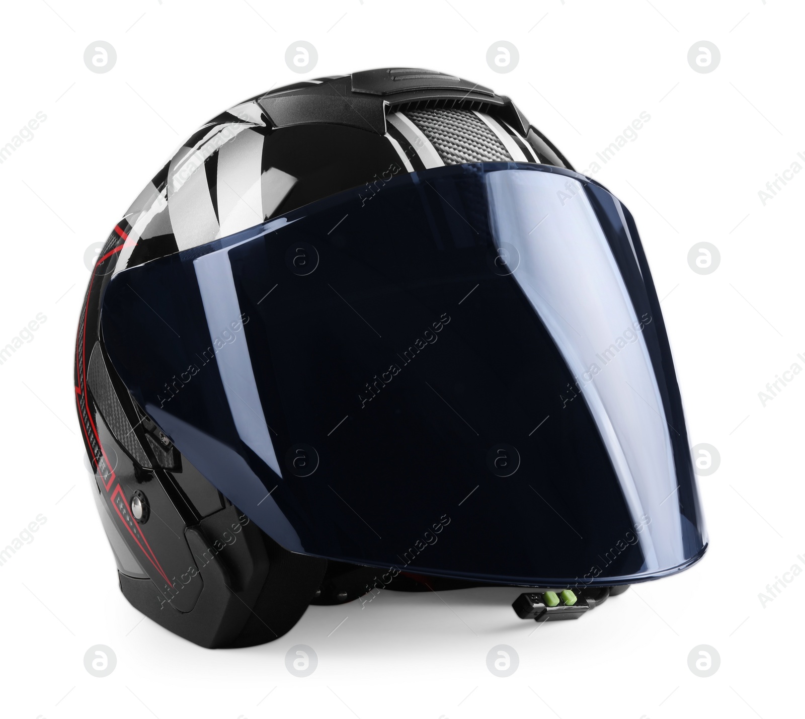 Photo of Modern motorcycle helmet with visor isolated on white