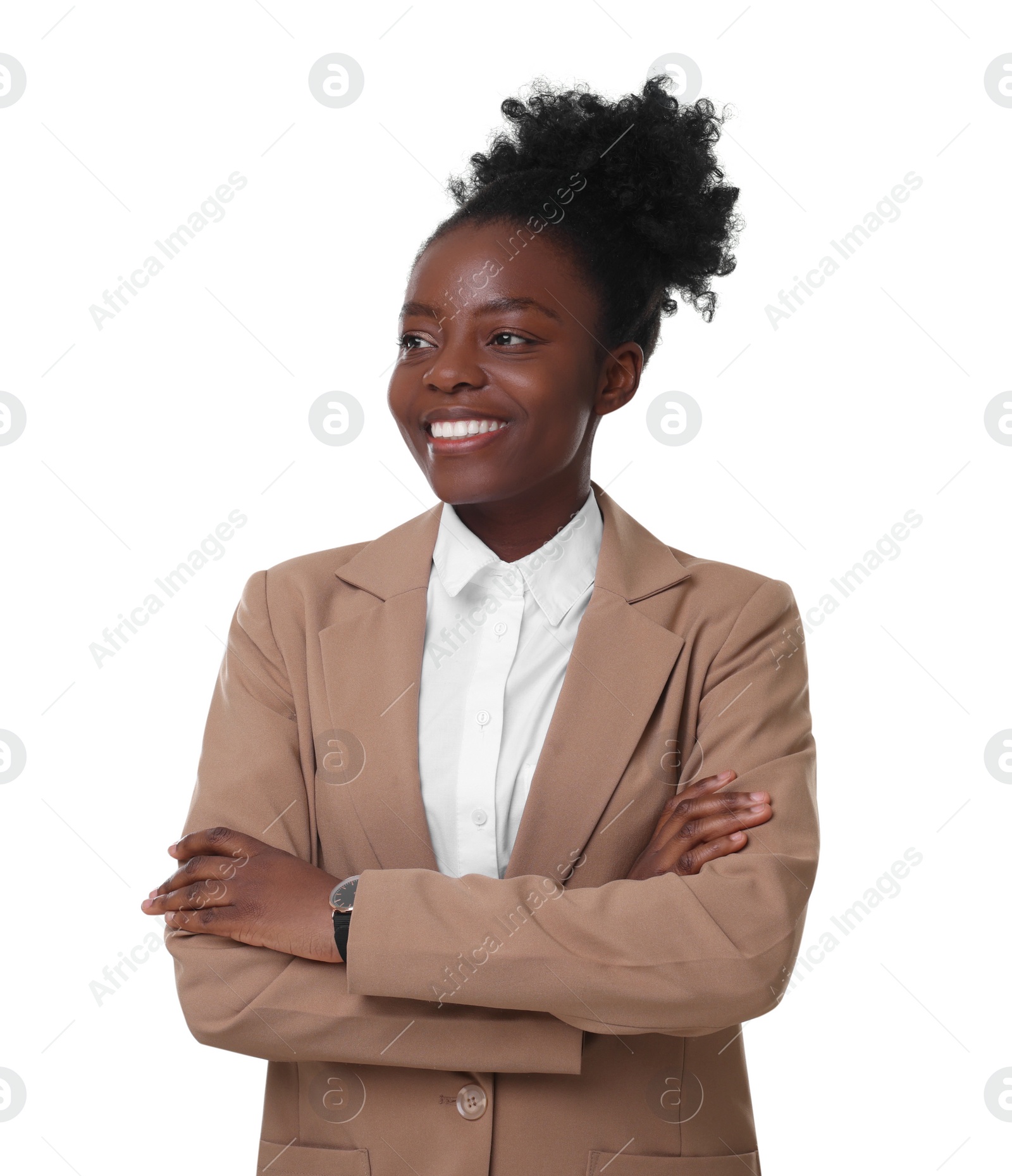 Photo of Portrait of happy woman with crossed arms on white background. Lawyer, businesswoman, accountant or manager