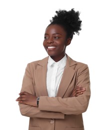 Portrait of happy woman with crossed arms on white background. Lawyer, businesswoman, accountant or manager