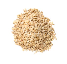 Photo of Pile of raw pearl barley isolated on white, top view