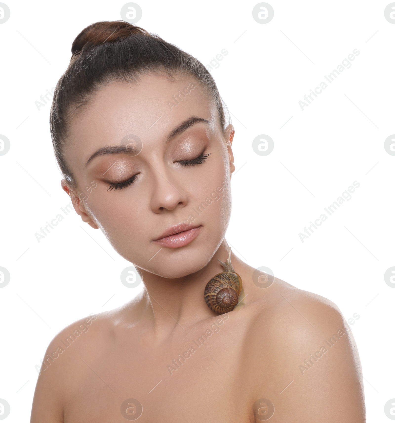 Photo of Beautiful young woman with snail on her neck against white background