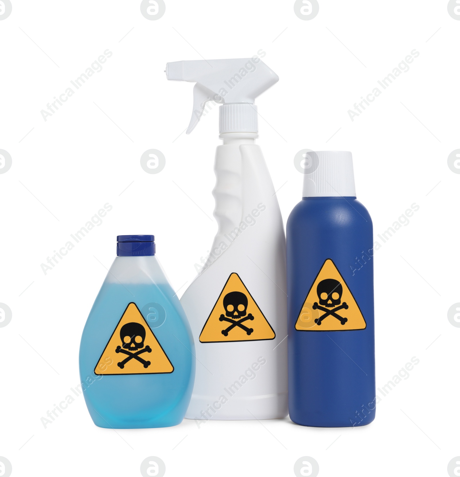 Photo of Bottles of toxic household chemicals with warning signs on white background