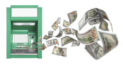Modern automated cash machine and flying money on white background