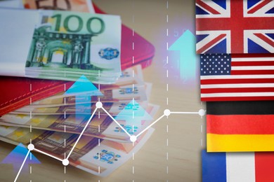 Image of Foreign exchange market. Double exposure of money, digital currency charts and flags of different countries, closeup