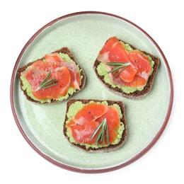 Photo of Delicious sandwiches with salmon, avocado and rosemary on white background, top view